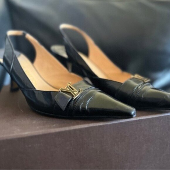 Louis Vuitton Black Leather Slingback Pumps Gold LV Logo Detail Box 39EU 8.5 US - Picture 10 of 13
